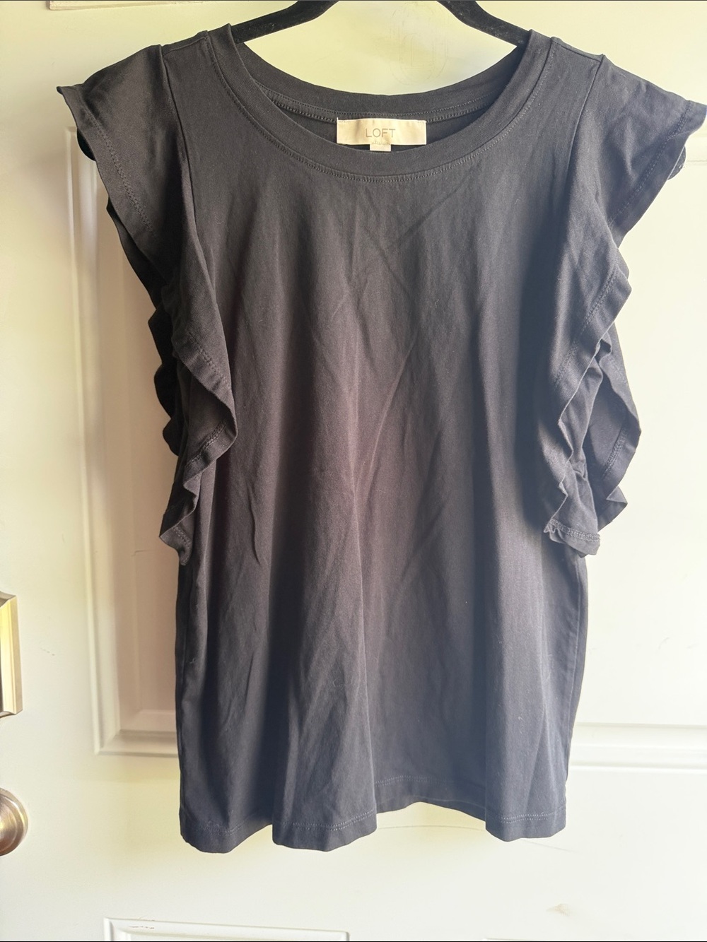LOFT Black Ruffle Sleeve Tee, medium.